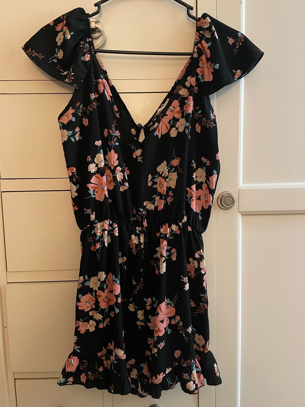 Pins & Needles Black Romper with Pink and Teal Floral Print small